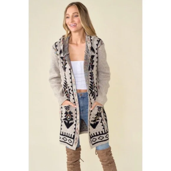 Oatmeal Aztec Rainbow Western Hooded Knit Cardigan Long Sleeve Open Sweater - Picture 8 of 14